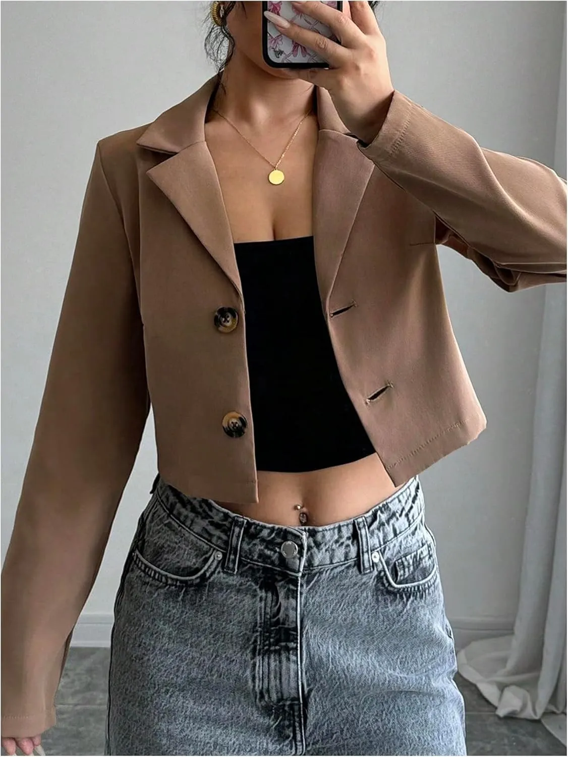SweatyRocks Women's Button Down Cropped Blazer Long Sleeve Lapel Collar Work Office Jackets