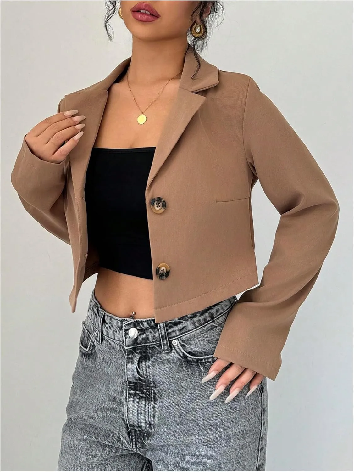 SweatyRocks Women's Button Down Cropped Blazer Long Sleeve Lapel Collar Work Office Jackets
