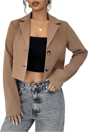 SweatyRocks Women's Button Down Cropped Blazer Long Sleeve Lapel Collar Work Office Jackets
