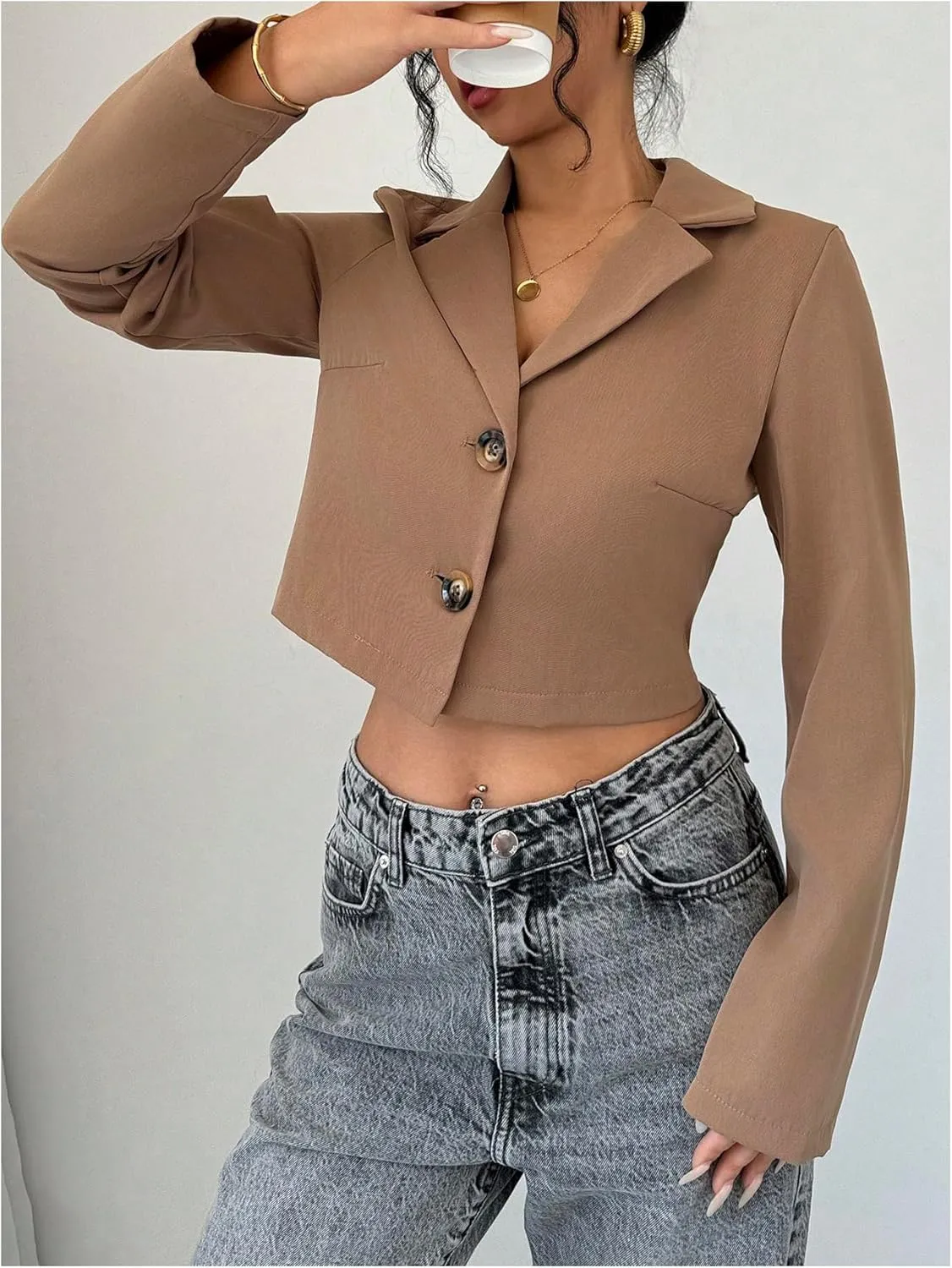 SweatyRocks Women's Button Down Cropped Blazer Long Sleeve Lapel Collar Work Office Jackets