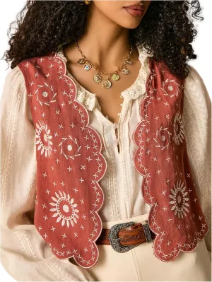 SweatyRocks Women's Casual Vest Cardigan Vintage Floral Embroidered Boho Jackets Linen