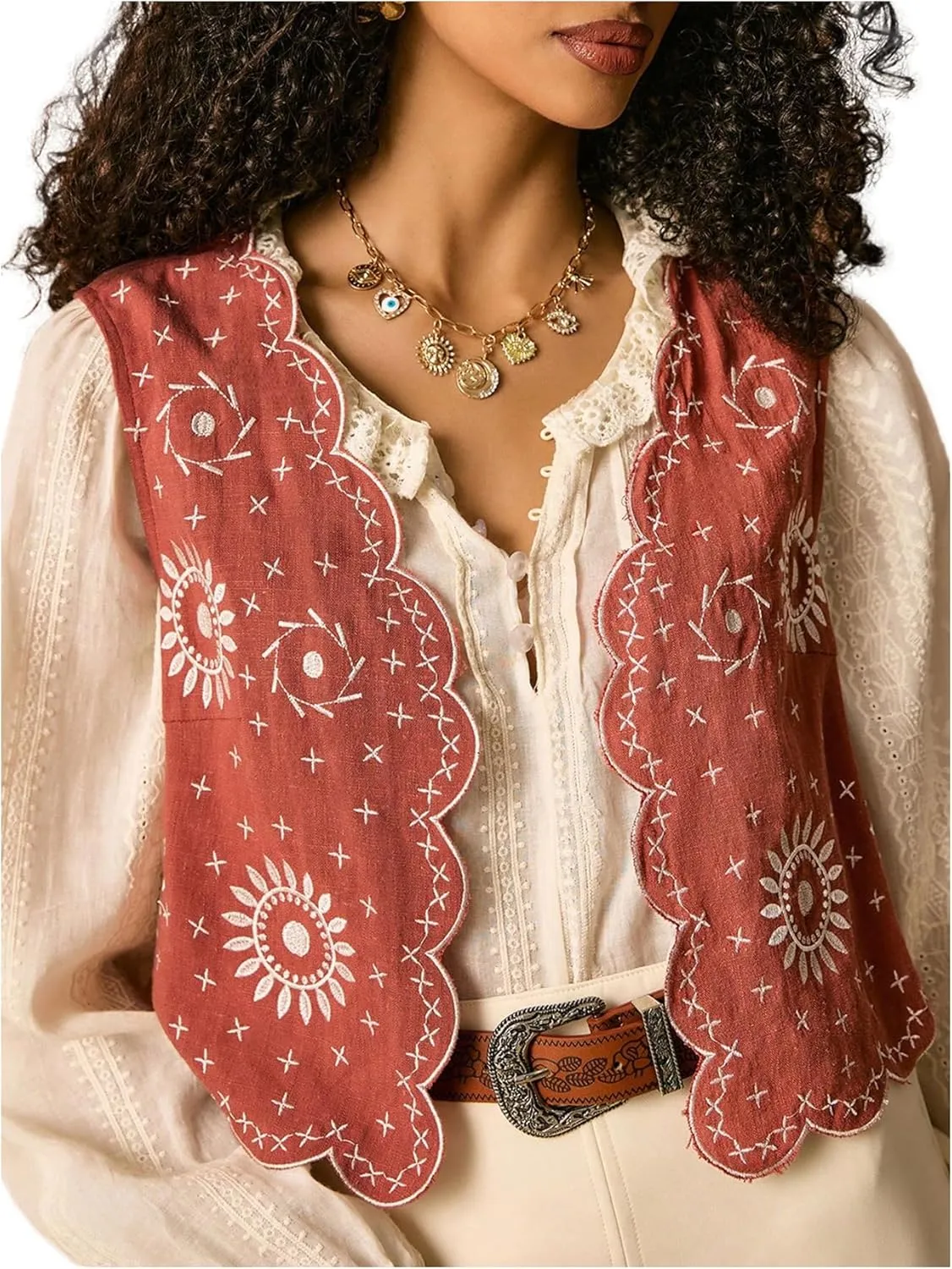 SweatyRocks Women's Casual Vest Cardigan Vintage Floral Embroidered Boho Jackets Linen