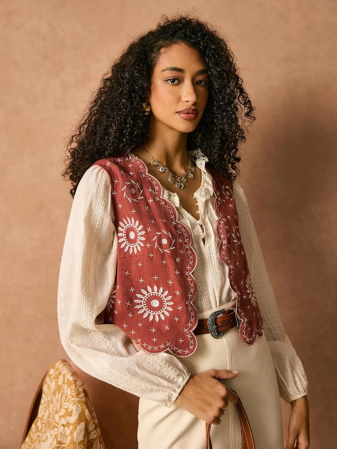 SweatyRocks Women's Casual Vest Cardigan Vintage Floral Embroidered Boho Jackets Linen