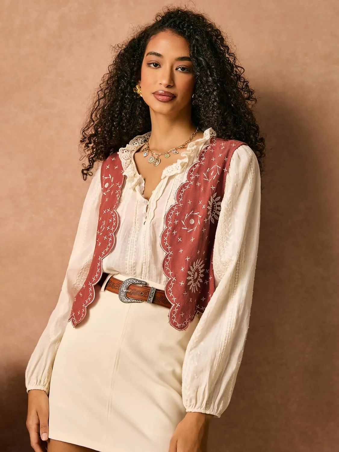SweatyRocks Women's Casual Vest Cardigan Vintage Floral Embroidered Boho Jackets Linen