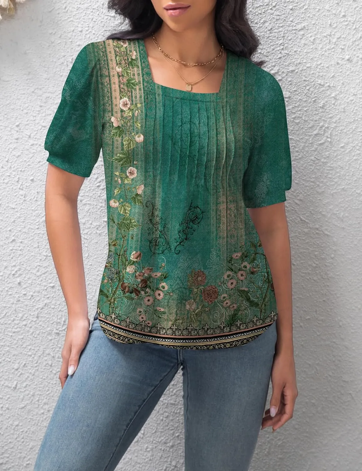 T Shirts for Women Casual Pleated Square Neck Dressy Blouses Puff 2025 Short Sleeve Summer Tops Loose Fit