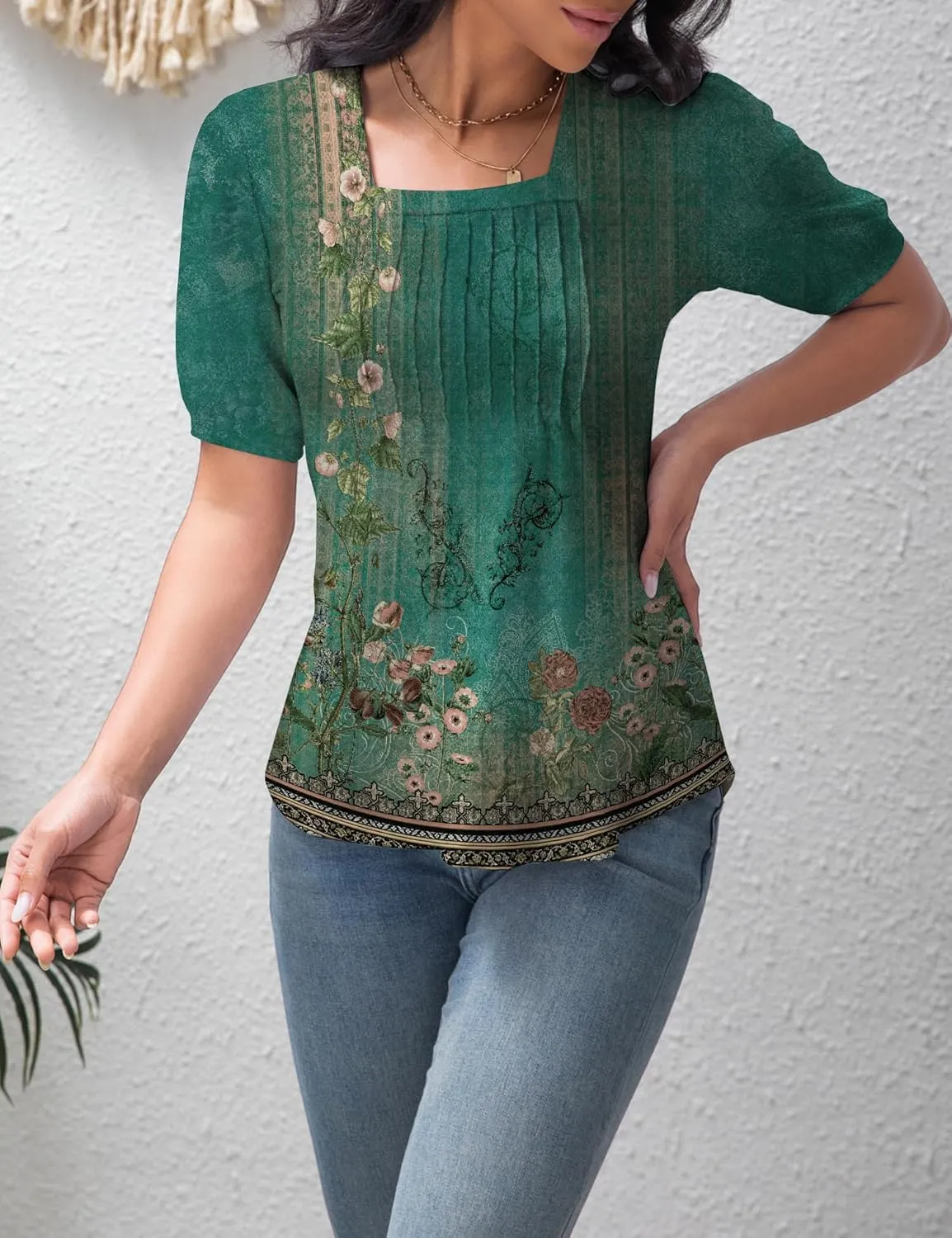 T Shirts for Women Casual Pleated Square Neck Dressy Blouses Puff 2025 Short Sleeve Summer Tops Loose Fit