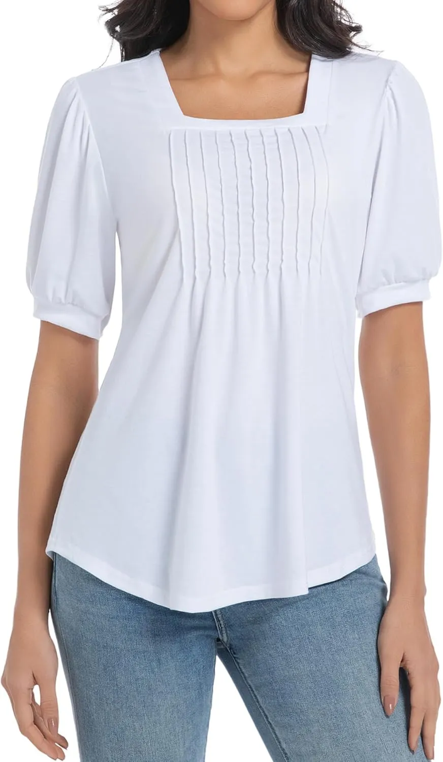 T Shirts for Women Casual Pleated Square Neck Dressy Blouses Puff 2025 Short Sleeve Summer Tops Loose Fit