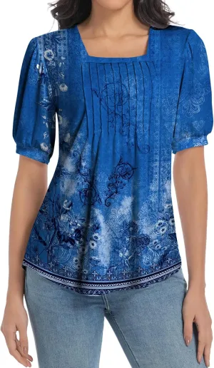 T Shirts for Women Casual Pleated Square Neck Dressy Blouses Puff 2025 Short Sleeve Summer Tops Loose Fit