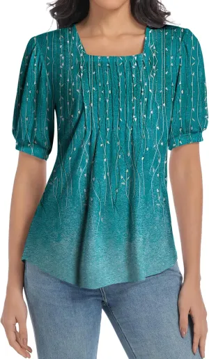 T Shirts for Women Casual Pleated Square Neck Dressy Blouses Puff 2025 Short Sleeve Summer Tops Loose Fit