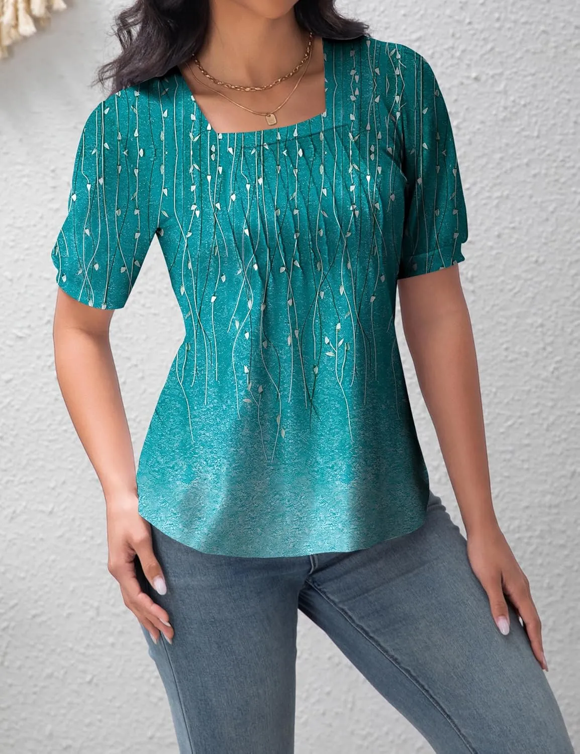 T Shirts for Women Casual Pleated Square Neck Dressy Blouses Puff 2025 Short Sleeve Summer Tops Loose Fit