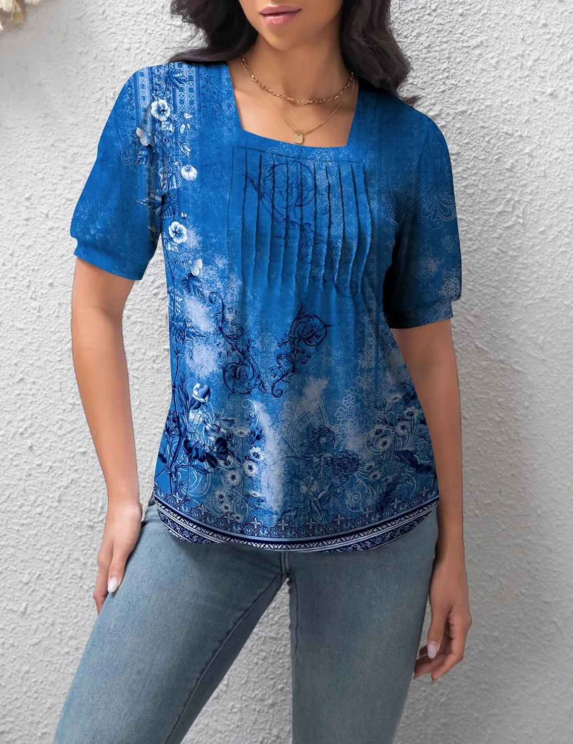 T Shirts for Women Casual Pleated Square Neck Dressy Blouses Puff 2025 Short Sleeve Summer Tops Loose Fit