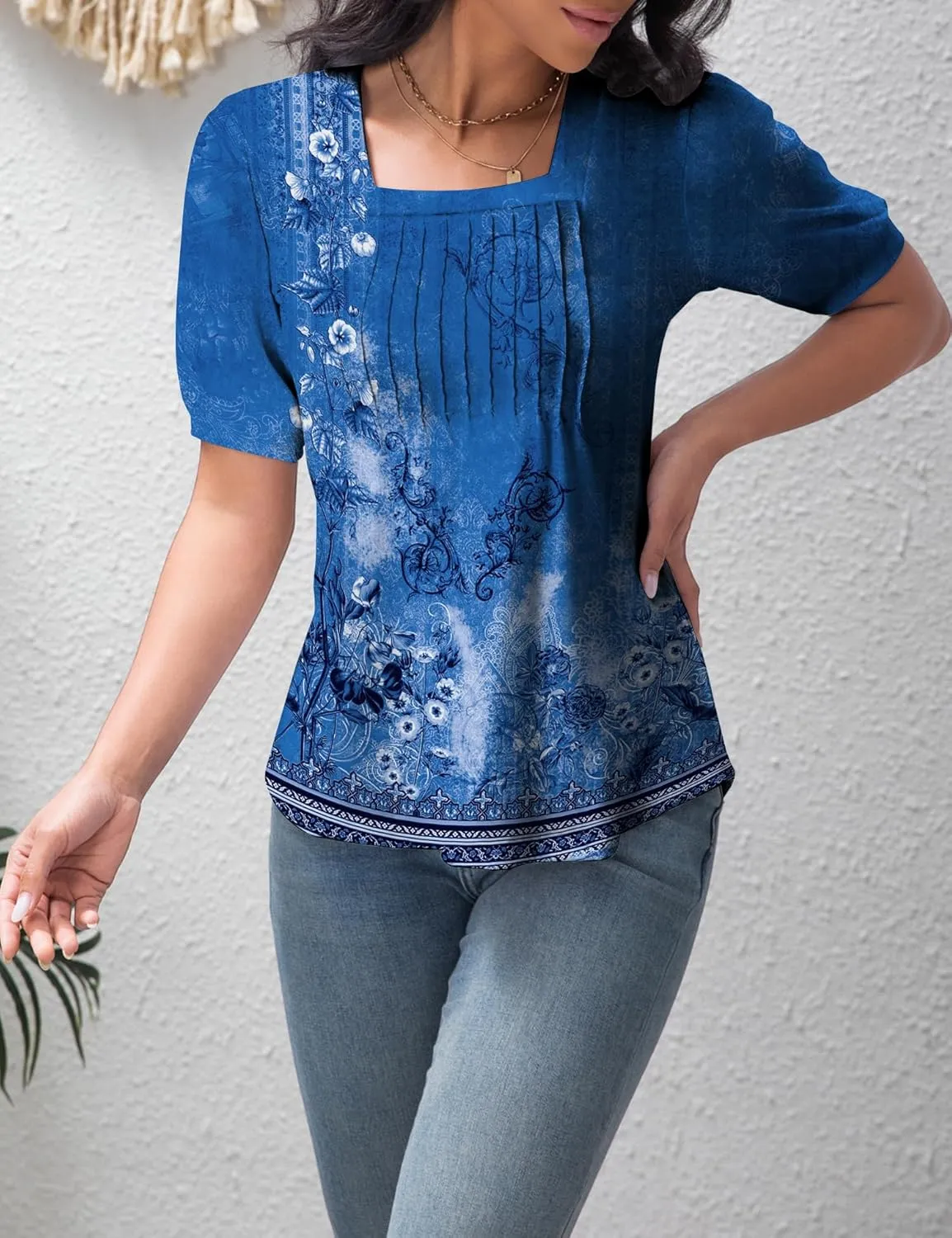T Shirts for Women Casual Pleated Square Neck Dressy Blouses Puff 2025 Short Sleeve Summer Tops Loose Fit