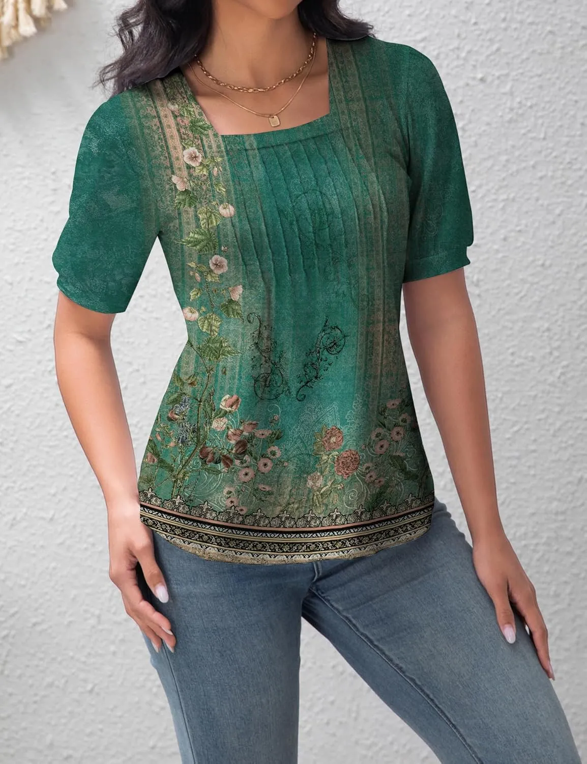 T Shirts for Women Casual Pleated Square Neck Dressy Blouses Puff 2025 Short Sleeve Summer Tops Loose Fit