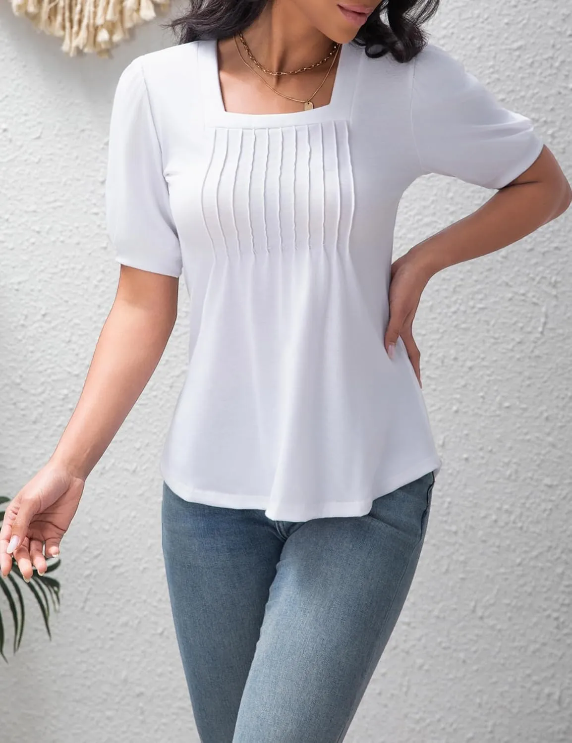 T Shirts for Women Casual Pleated Square Neck Dressy Blouses Puff 2025 Short Sleeve Summer Tops Loose Fit