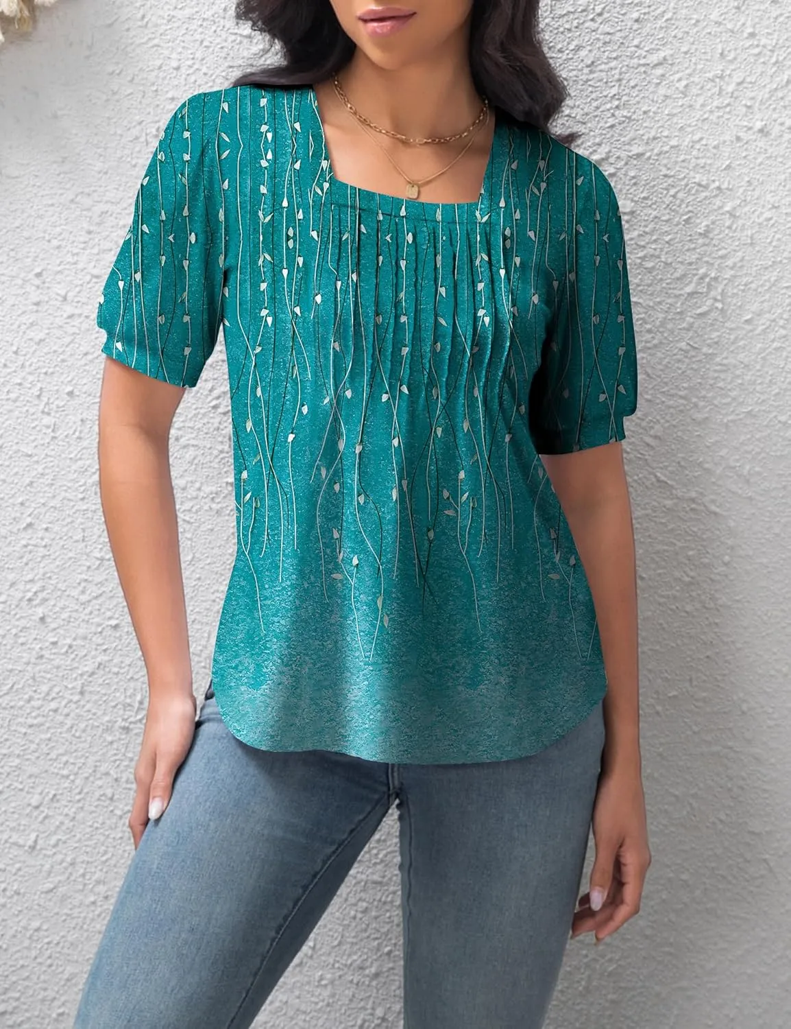T Shirts for Women Casual Pleated Square Neck Dressy Blouses Puff 2025 Short Sleeve Summer Tops Loose Fit