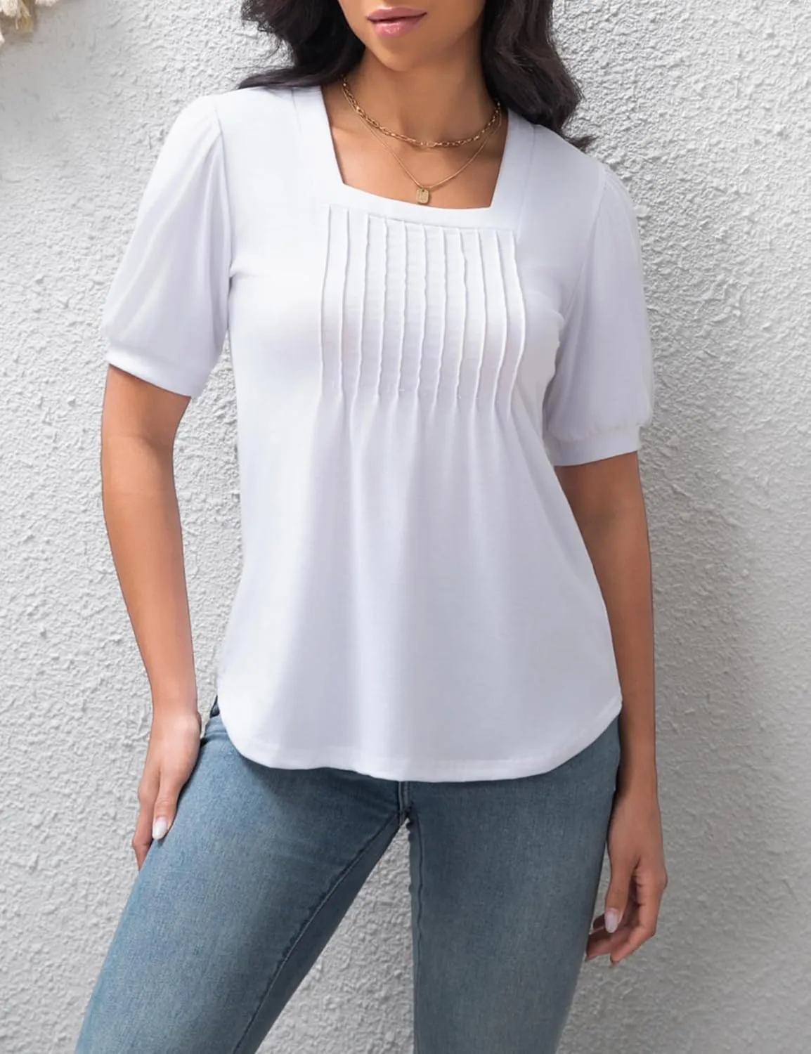 T Shirts for Women Casual Pleated Square Neck Dressy Blouses Puff 2025 Short Sleeve Summer Tops Loose Fit