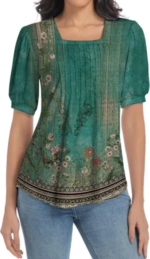 T Shirts for Women Casual Pleated Square Neck Dressy Blouses Puff 2025 Short Sleeve Summer Tops Loose Fit