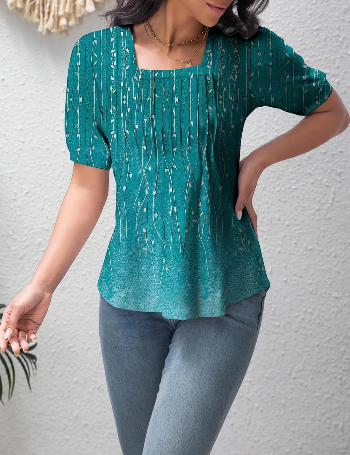 T Shirts for Women Casual Pleated Square Neck Dressy Blouses Puff 2025 Short Sleeve Summer Tops Loose Fit