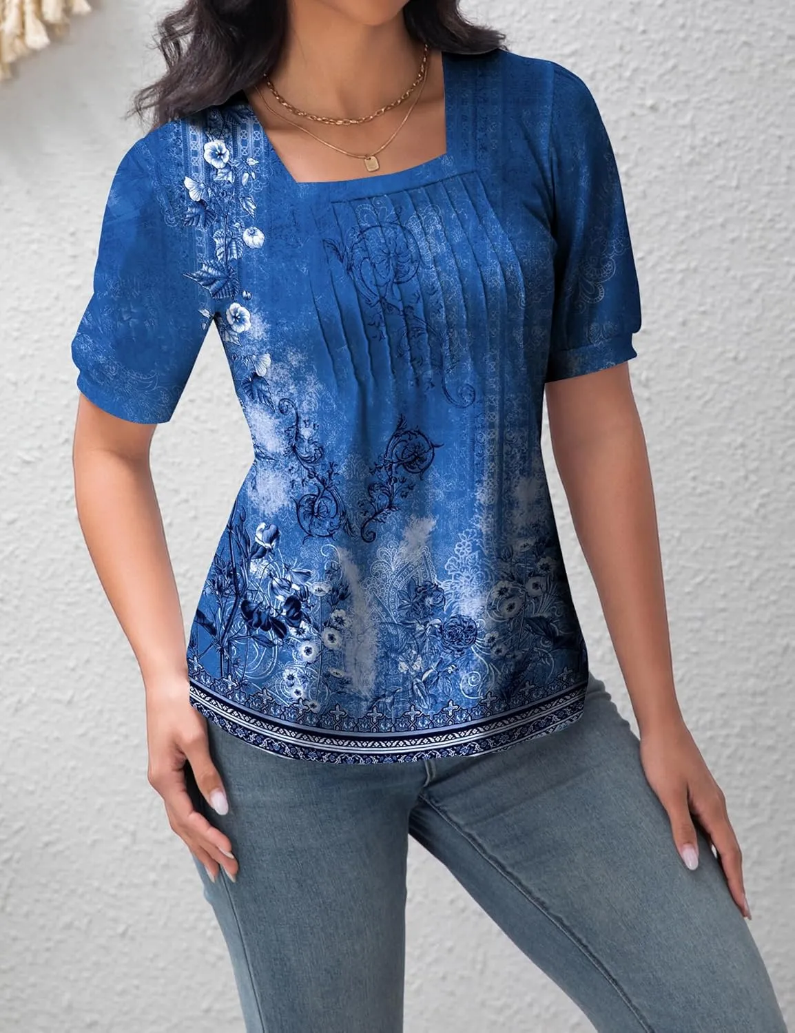 T Shirts for Women Casual Pleated Square Neck Dressy Blouses Puff 2025 Short Sleeve Summer Tops Loose Fit