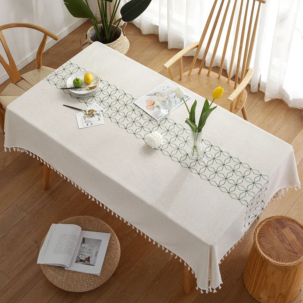 Tablecloth Rhombus Geometric Embroidery Imitation Cotton Linen Rectangular Dining Table