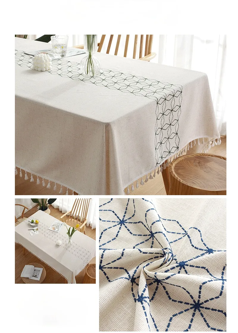 Tablecloth Rhombus Geometric Embroidery Imitation Cotton Linen Rectangular Dining Table