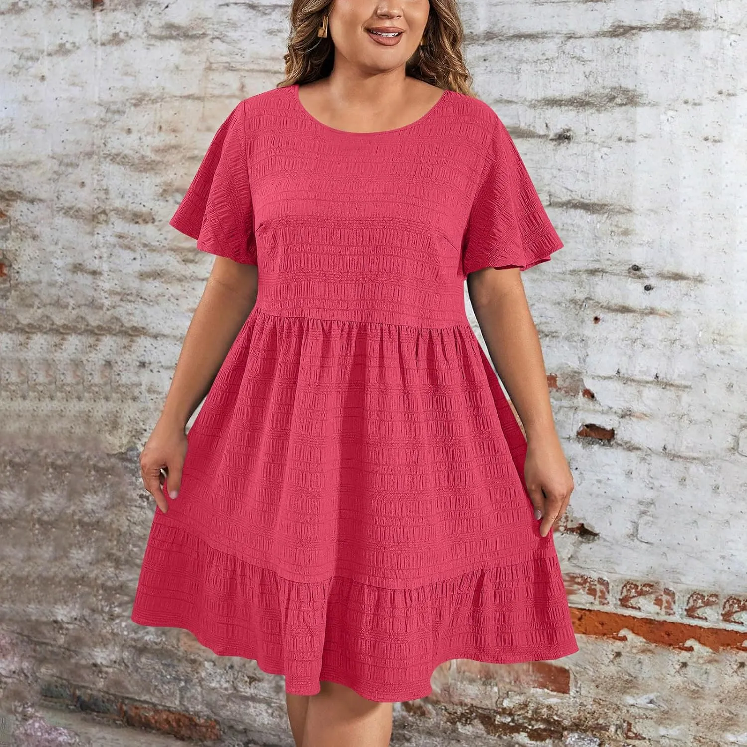 TANGNADE Summer Dresses for Women Plus Size Short Sleeve Crewneck T Shirt Dress Dressy Casual Ruffle Flowy Beach Sundresses