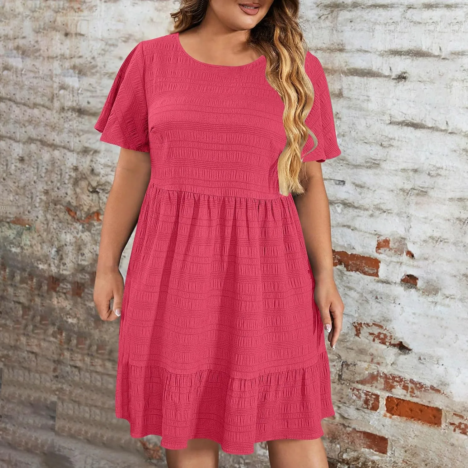 TANGNADE Summer Dresses for Women Plus Size Short Sleeve Crewneck T Shirt Dress Dressy Casual Ruffle Flowy Beach Sundresses