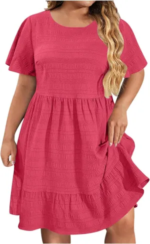 TANGNADE Summer Dresses for Women Plus Size Short Sleeve Crewneck T Shirt Dress Dressy Casual Ruffle Flowy Beach Sundresses