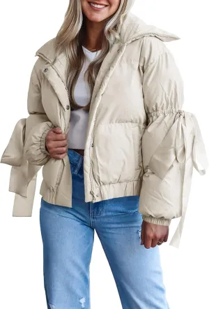 Tankaneo Womens Bow Puffer Jacket Winter Warm Cropped Quilted Jackets Baggy Short Down Coats