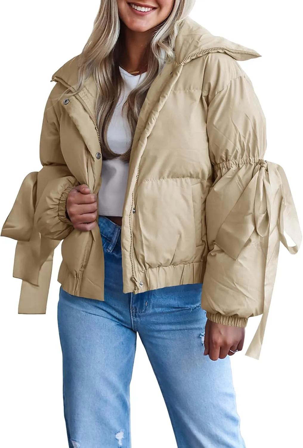 Tankaneo Womens Bow Puffer Jacket Winter Warm Cropped Quilted Jackets Baggy Short Down Coats