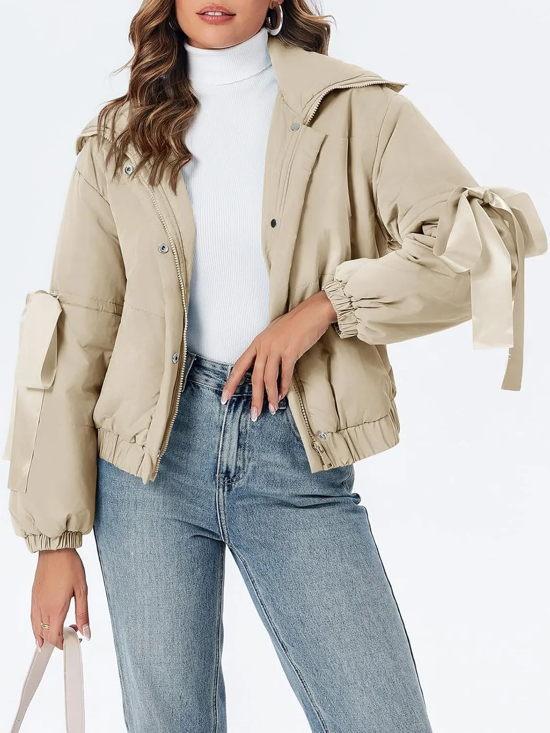 Tankaneo Womens Bow Puffer Jacket Winter Warm Cropped Quilted Jackets Baggy Short Down Coats