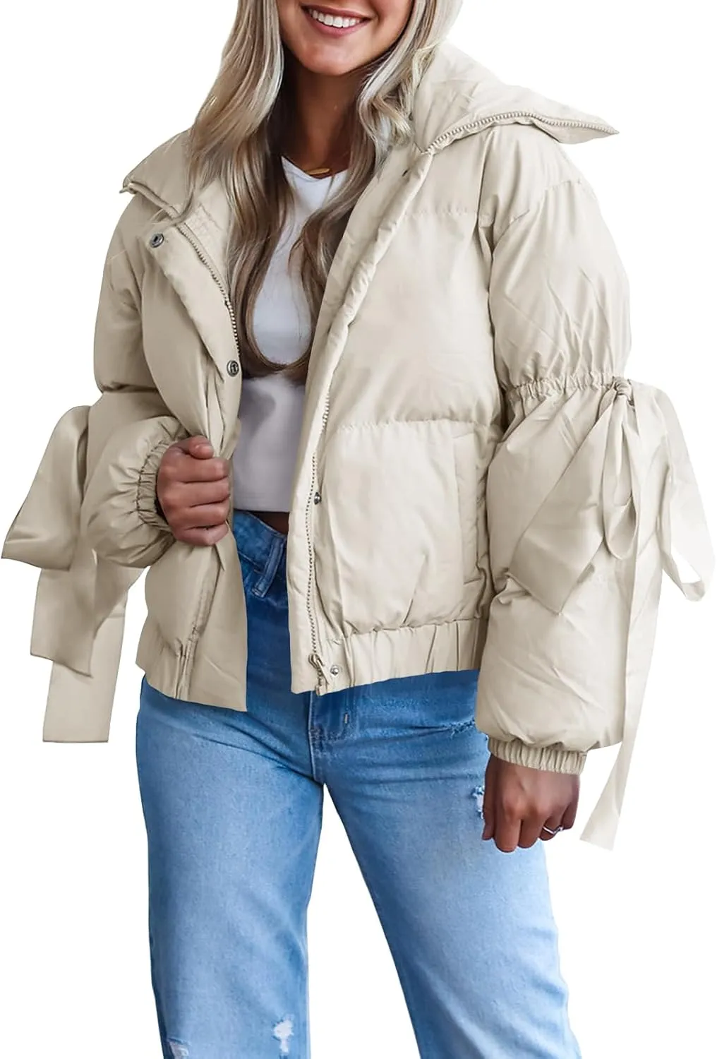 Tankaneo Womens Bow Puffer Jacket Winter Warm Cropped Quilted Jackets Baggy Short Down Coats