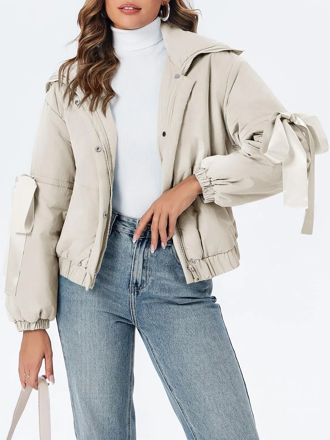 Tankaneo Womens Bow Puffer Jacket Winter Warm Cropped Quilted Jackets Baggy Short Down Coats