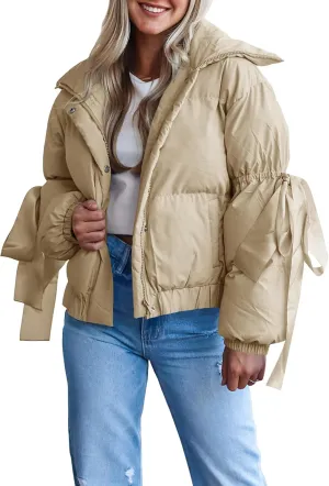 Tankaneo Womens Bow Puffer Jacket Winter Warm Cropped Quilted Jackets Baggy Short Down Coats