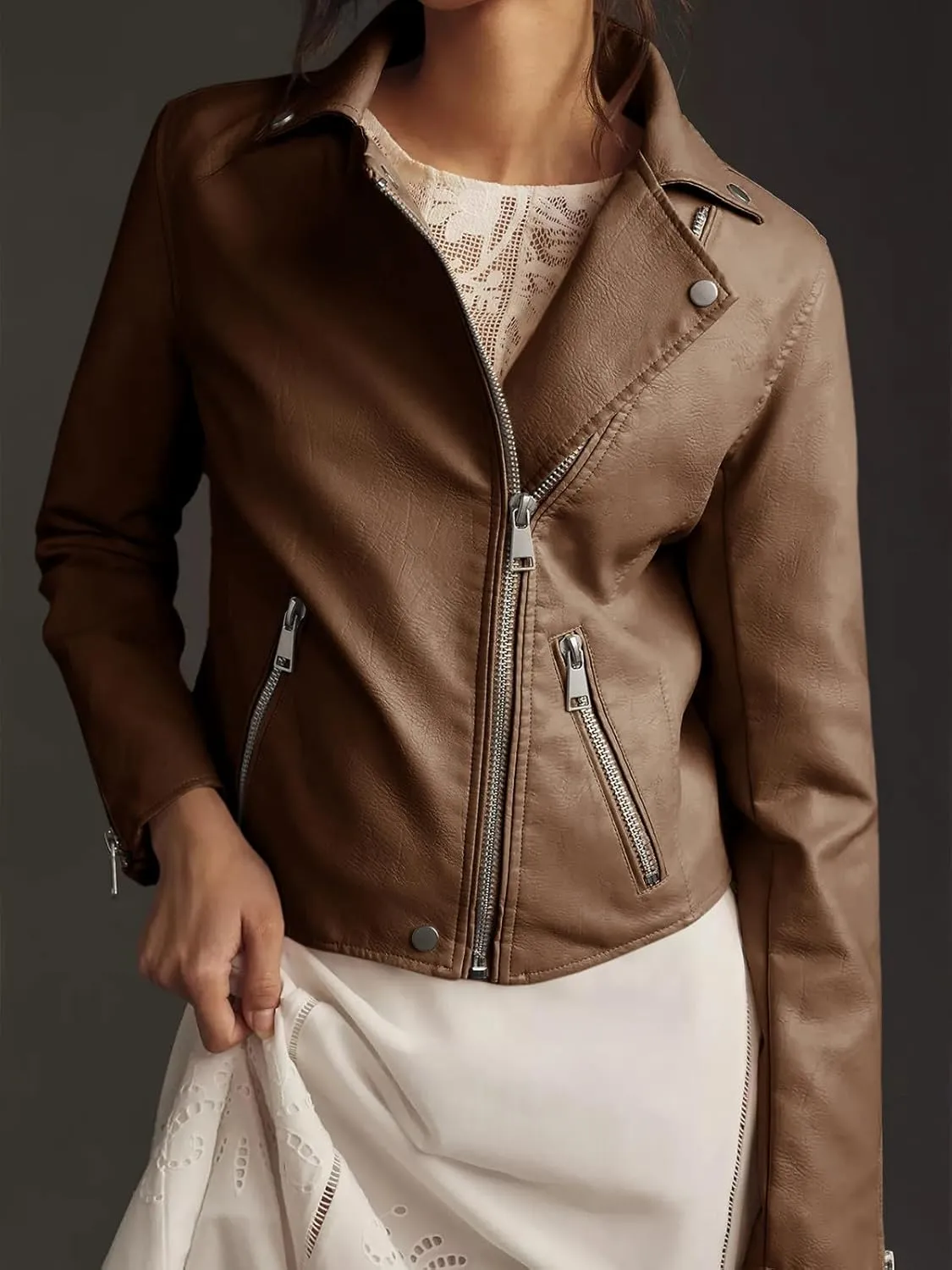 Tankaneo Womens Faux Leather Jackets Cropped Bomber Trendy Zip Up Motorcycle Biker Coat