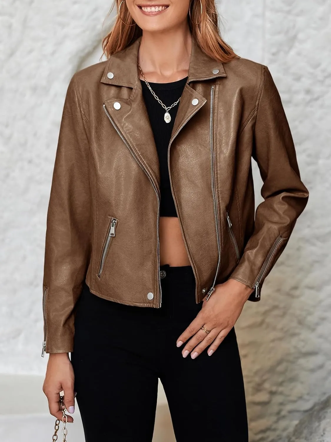 Tankaneo Womens Faux Leather Jackets Cropped Bomber Trendy Zip Up Motorcycle Biker Coat