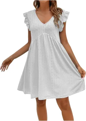TARIENDY Sundresses for Women 2025,Ladies Ruffle V Neck Dresses Short Sleeve Sundresses Eyelet Summer Beach Vacation Dress