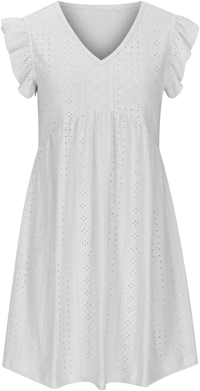 TARIENDY Sundresses for Women 2025,Ladies Ruffle V Neck Dresses Short Sleeve Sundresses Eyelet Summer Beach Vacation Dress