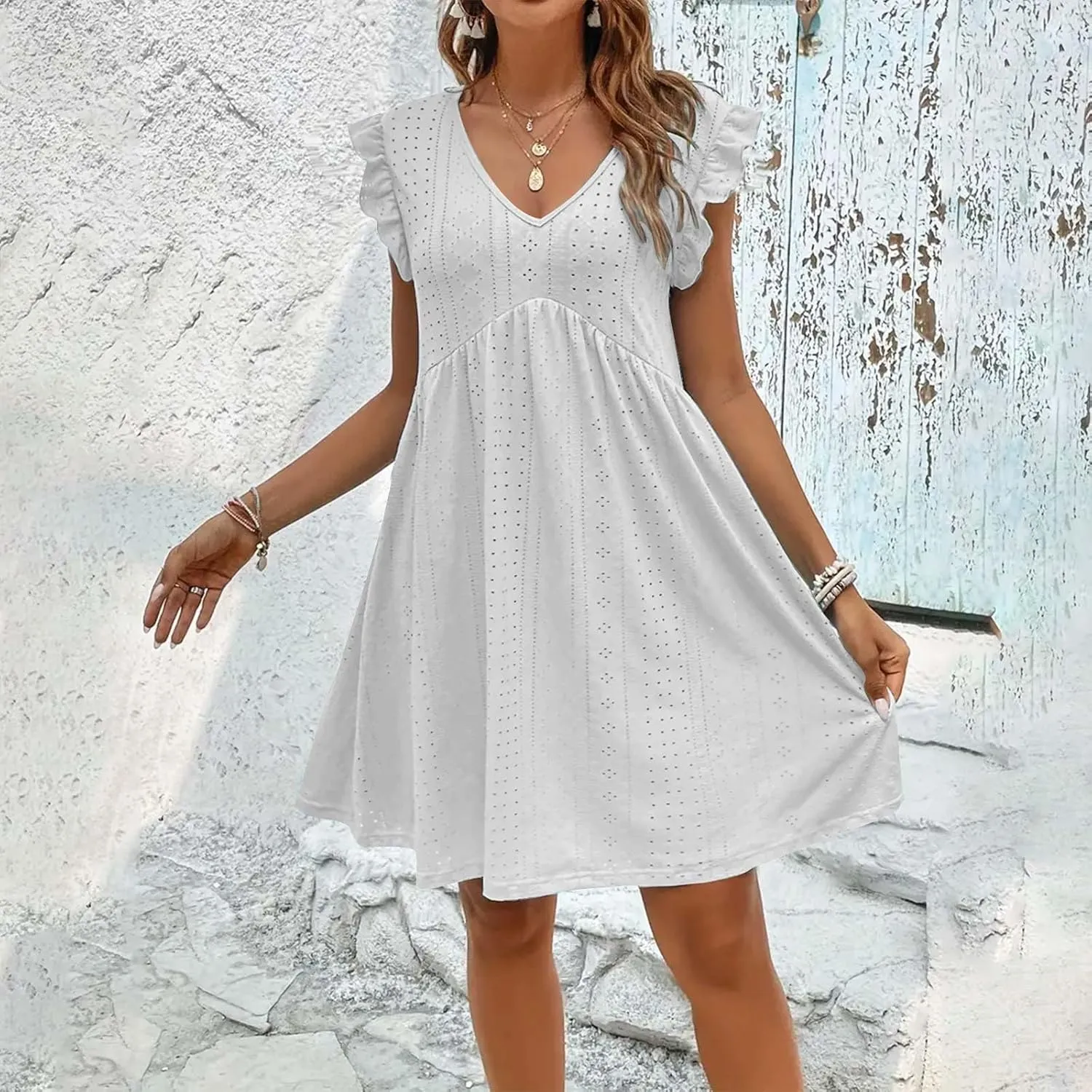 TARIENDY Sundresses for Women 2025,Ladies Ruffle V Neck Dresses Short Sleeve Sundresses Eyelet Summer Beach Vacation Dress