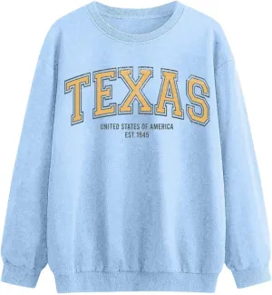 TEXAS Oversized Sweatshirt for Women Long Sleeve Crewneck Letter Graphic Print Casual Pullover Top Y2k Fall Winter Clothes