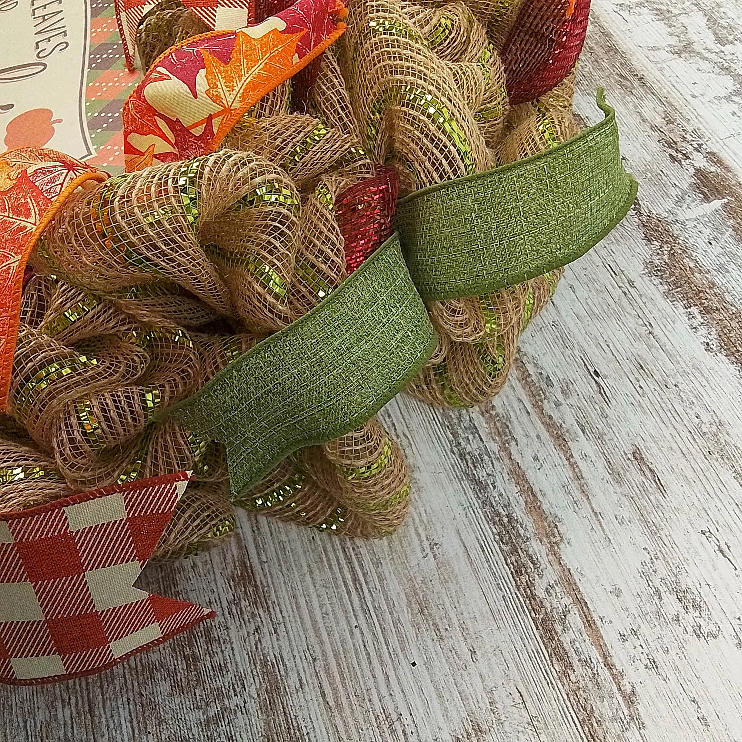 Thanksgiving Front Door Mesh Wreath - Autumn Leaves Pumpkins Please - Orange Burgundy Green