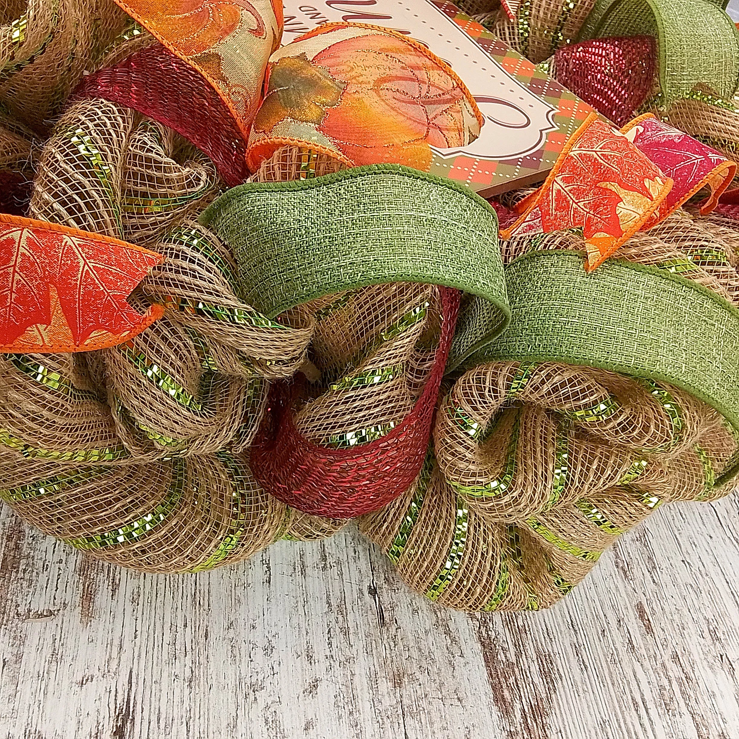 Thanksgiving Front Door Mesh Wreath - Autumn Leaves Pumpkins Please - Orange Burgundy Green
