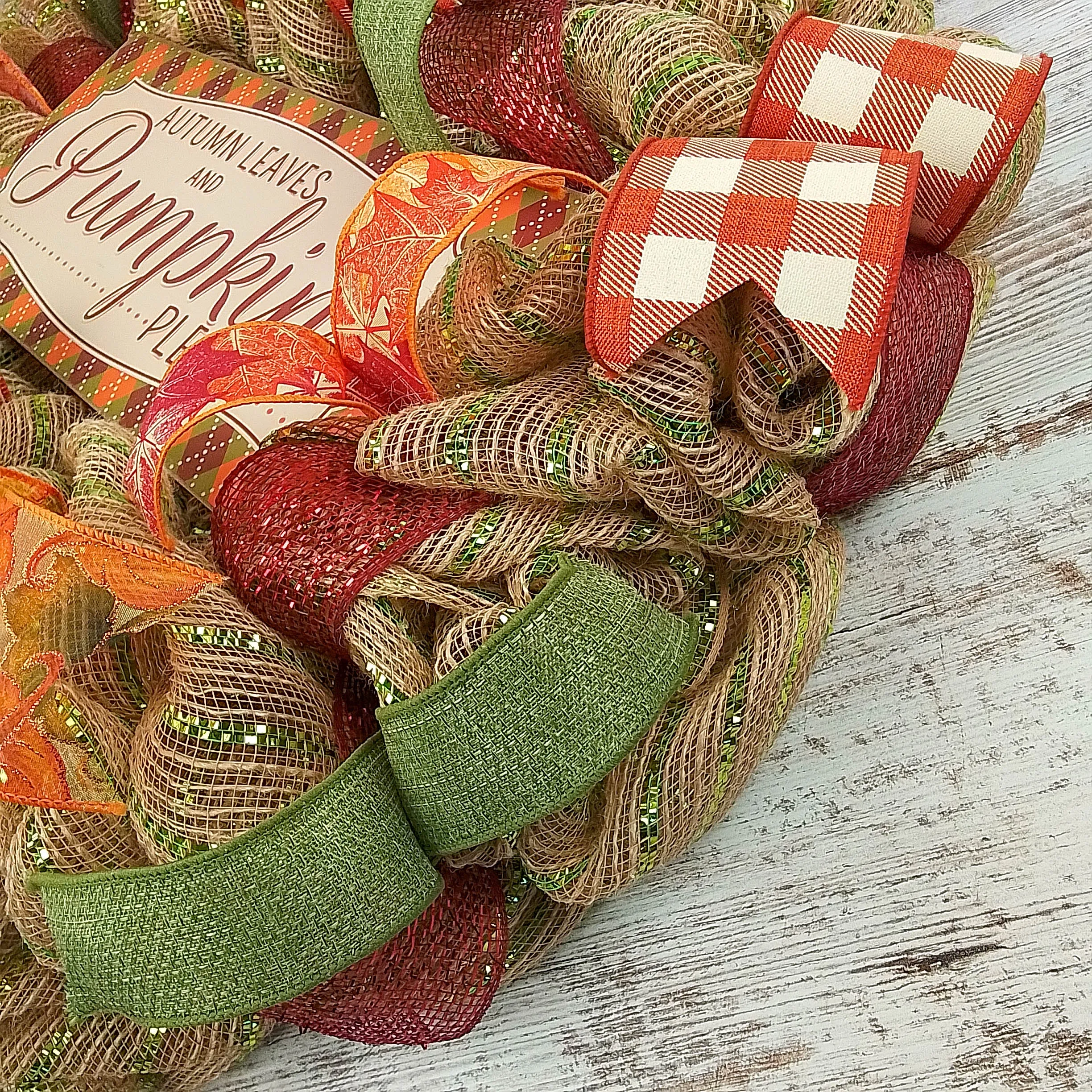 Thanksgiving Front Door Mesh Wreath - Autumn Leaves Pumpkins Please - Orange Burgundy Green