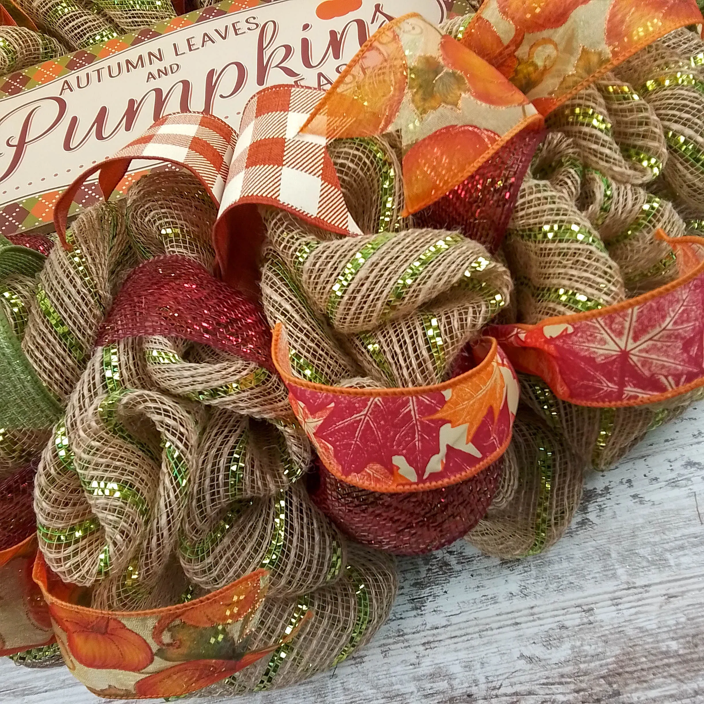 Thanksgiving Front Door Mesh Wreath - Autumn Leaves Pumpkins Please - Orange Burgundy Green