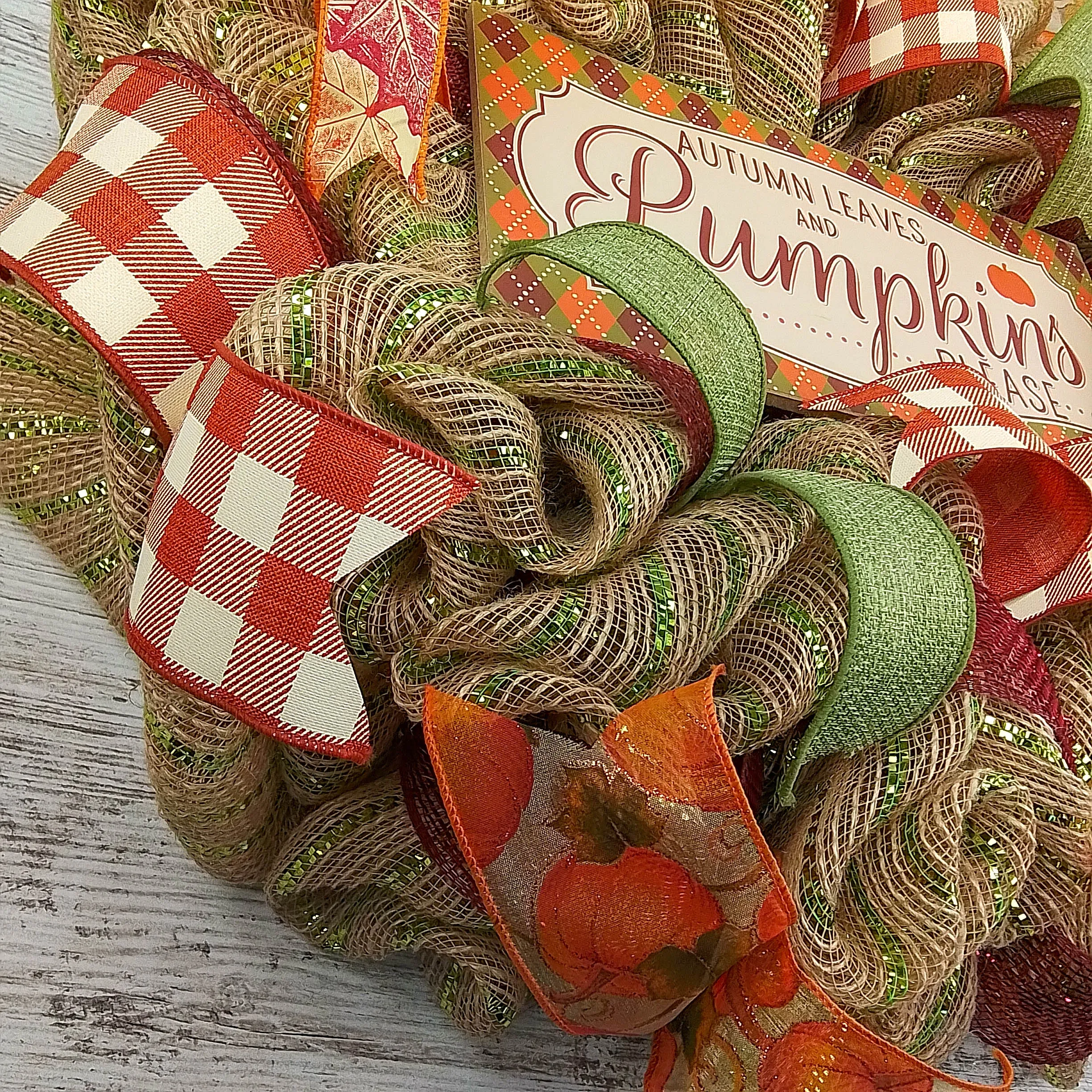 Thanksgiving Front Door Mesh Wreath - Autumn Leaves Pumpkins Please - Orange Burgundy Green