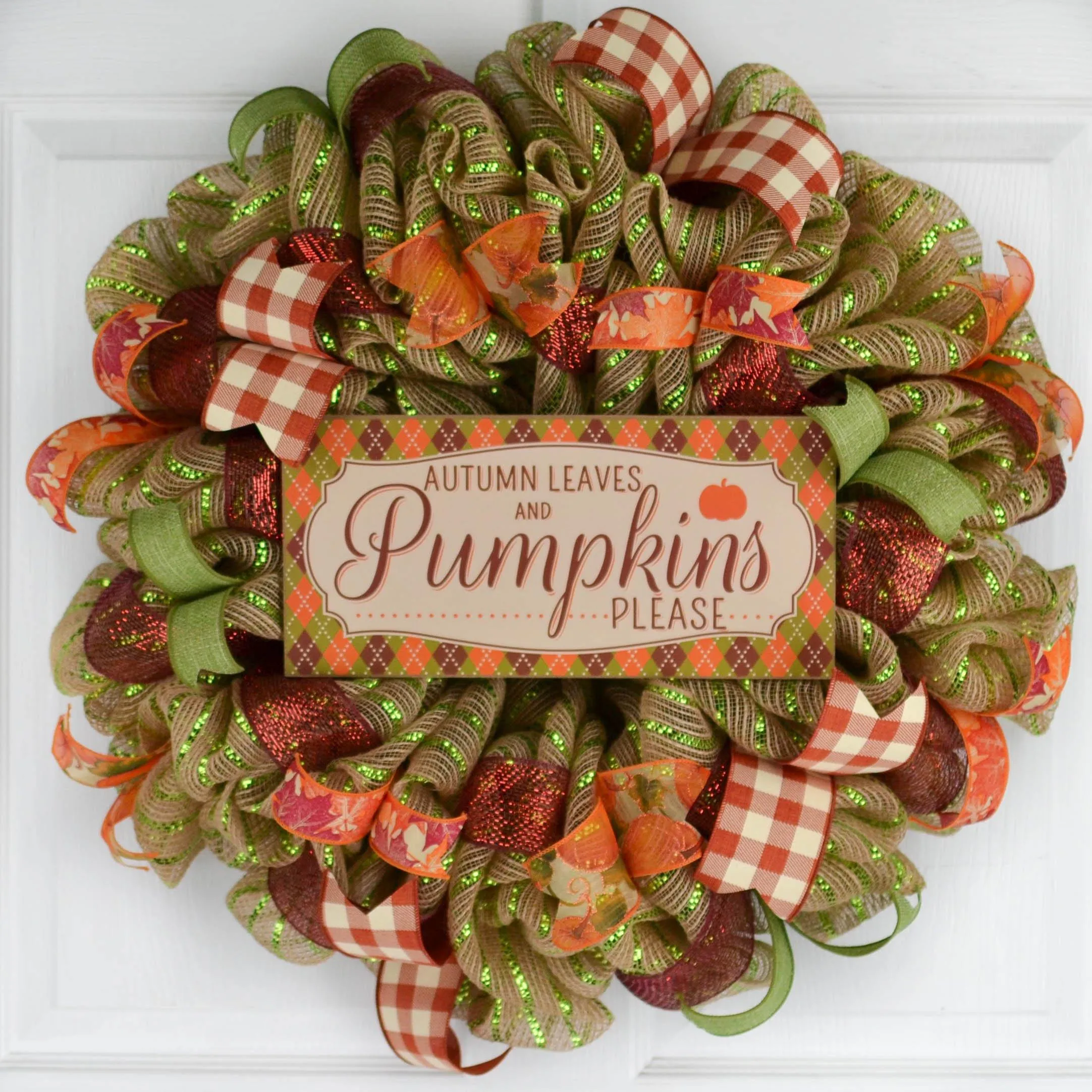 Thanksgiving Front Door Mesh Wreath - Autumn Leaves Pumpkins Please - Orange Burgundy Green