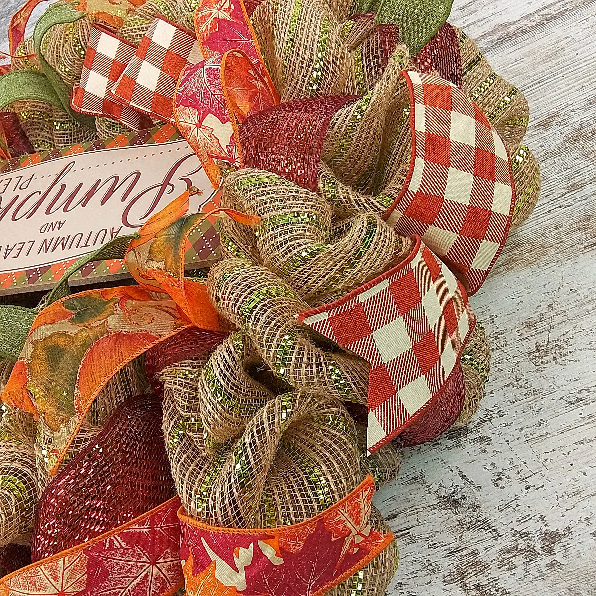 Thanksgiving Front Door Mesh Wreath - Autumn Leaves Pumpkins Please - Orange Burgundy Green