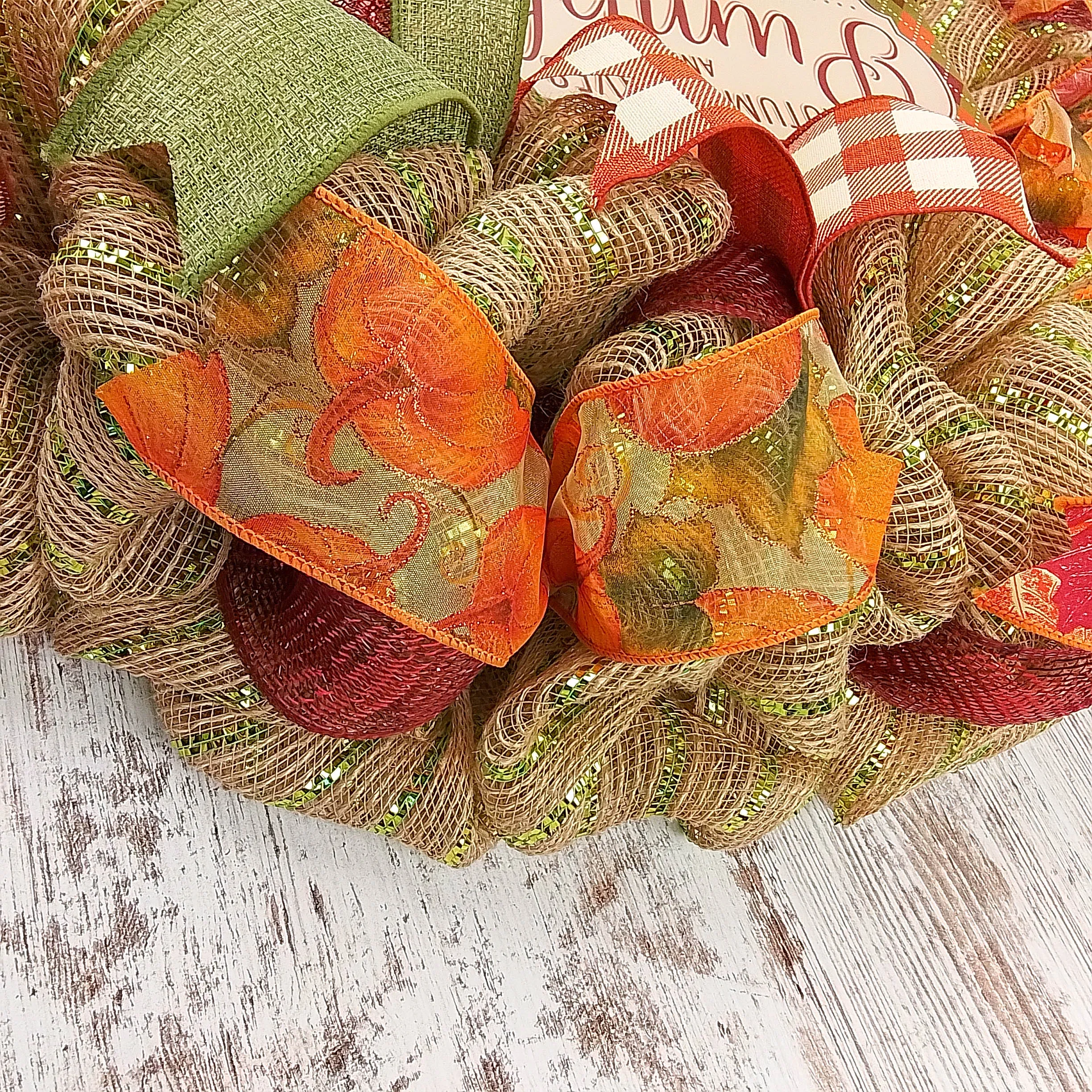 Thanksgiving Front Door Mesh Wreath - Autumn Leaves Pumpkins Please - Orange Burgundy Green