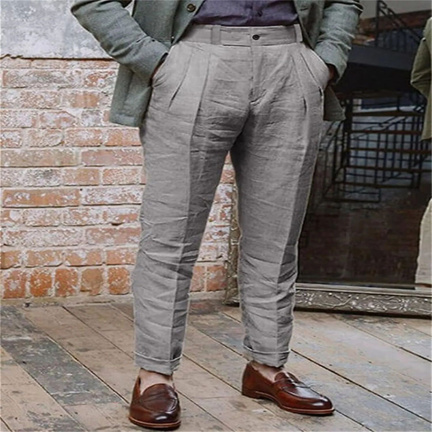 Thatrich Linen Beach Pants Men Casual Straight Leg Sports Yoga Pant Relaxed Fit Breathable Daily Wear Trousers Comfy Slacks