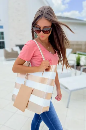The Grace Nautical Striped Tote - White/Rose Gold